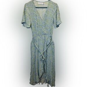 Petal And Pup Women’s Issie Blue Floral Wrap Boho Ruffle Hem Dress